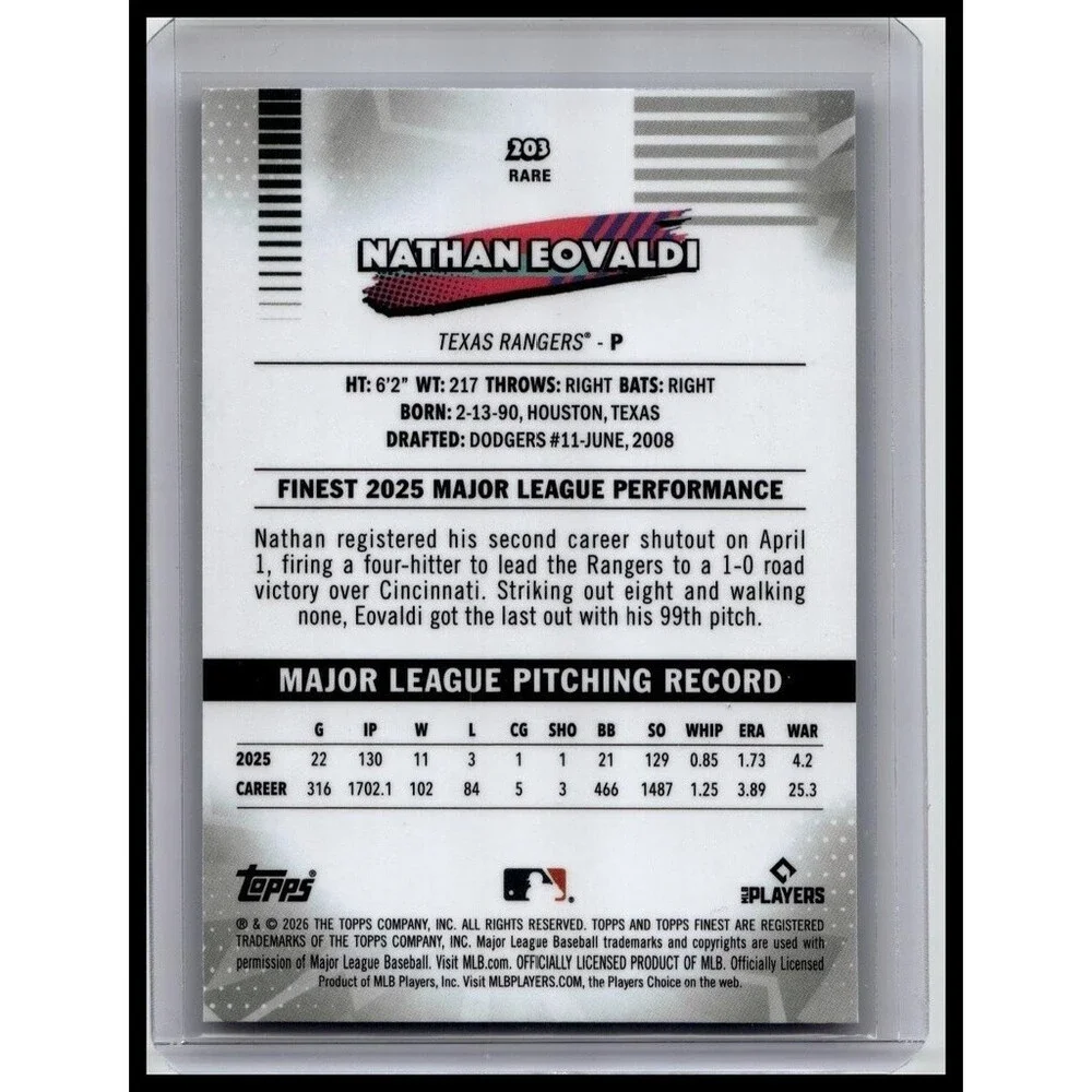 2026 Finest Nathan Eovaldi #203 Nathan Eovaldi, Texas Rangers Aqua/199